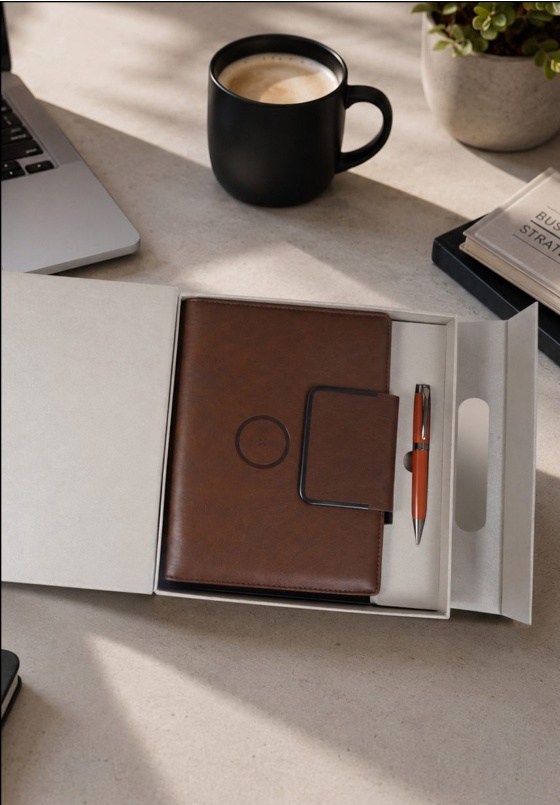 V-2 Tan Brown Leatherette Power Bank Diary Organizer